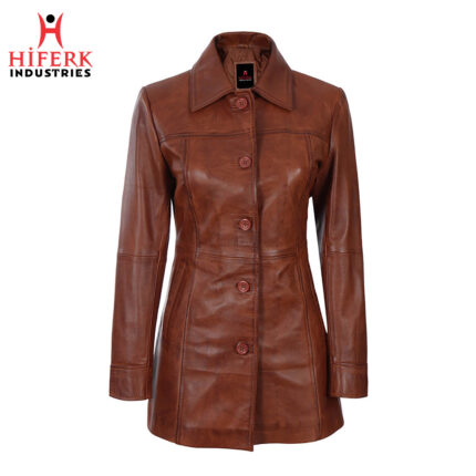 Modern Classic Brown Leather Hip Length Car Coat for Women