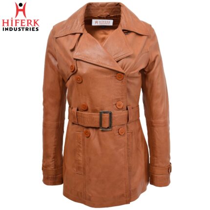 Signature Style Brown Leather Double Breasted Trench Coat for Women