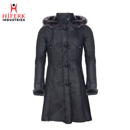 Opulent Black Duffle Hooded Coat with Fur