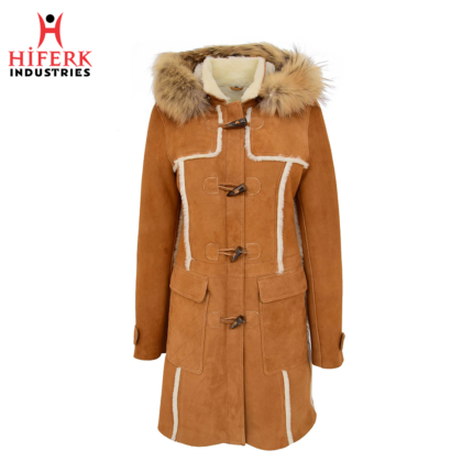 Fashionable Brown Duffle Coat with Luxurious Fur Collar