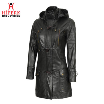 Sophisticated Women's Black Leather Duffle Coat with Hood