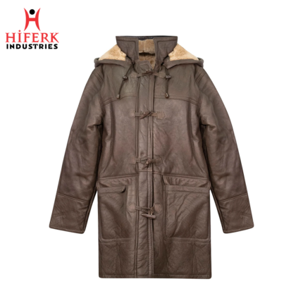 Heritage Brown Leather Hooded Duffle Coat