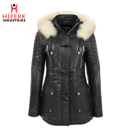 Glamourous Fur-Collared Black Leather Duffle Coat